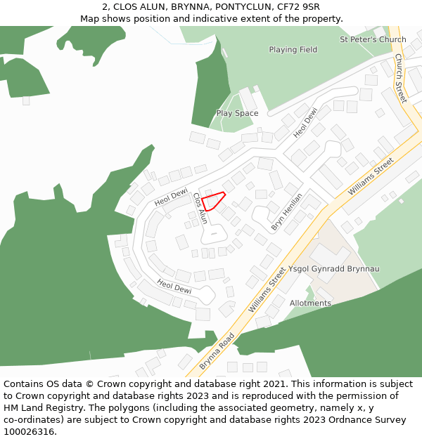 2, CLOS ALUN, BRYNNA, PONTYCLUN, CF72 9SR: Location map and indicative extent of plot