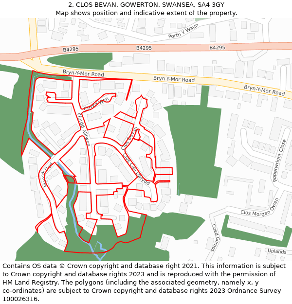 2, CLOS BEVAN, GOWERTON, SWANSEA, SA4 3GY: Location map and indicative extent of plot