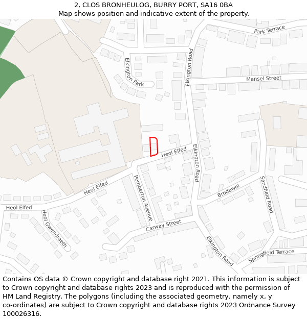 2, CLOS BRONHEULOG, BURRY PORT, SA16 0BA: Location map and indicative extent of plot