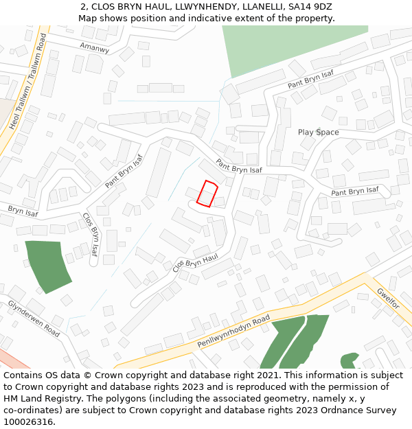 2, CLOS BRYN HAUL, LLWYNHENDY, LLANELLI, SA14 9DZ: Location map and indicative extent of plot