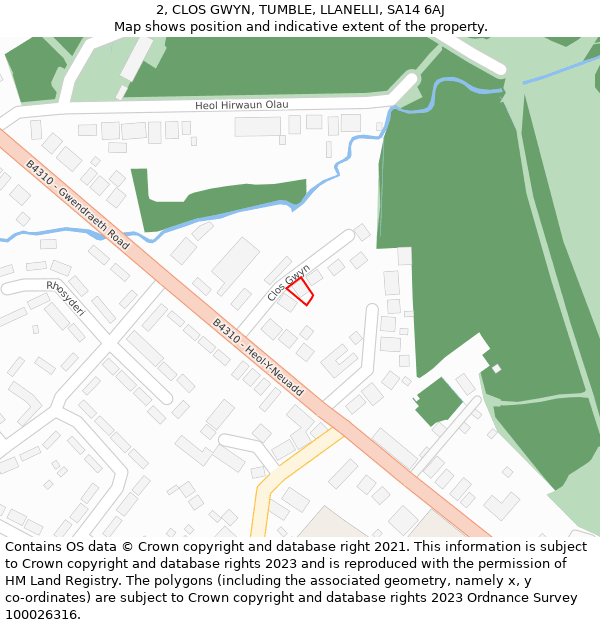 2, CLOS GWYN, TUMBLE, LLANELLI, SA14 6AJ: Location map and indicative extent of plot