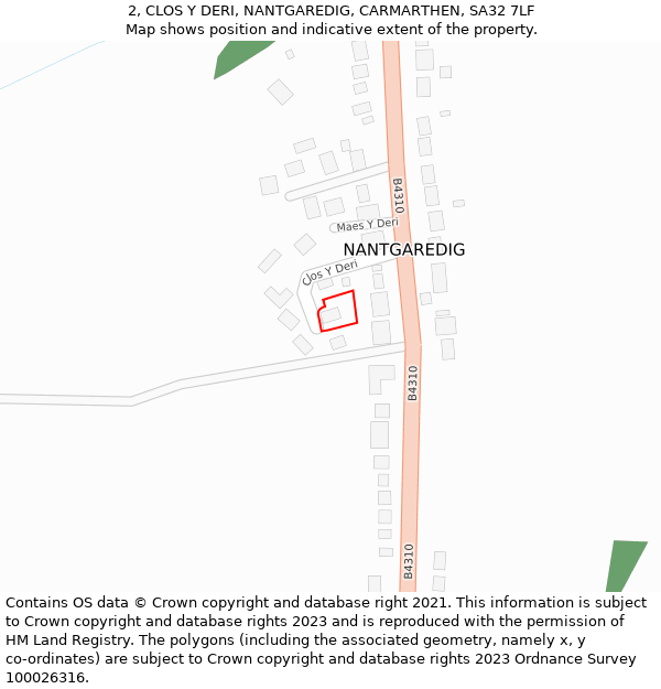 2, CLOS Y DERI, NANTGAREDIG, CARMARTHEN, SA32 7LF: Location map and indicative extent of plot