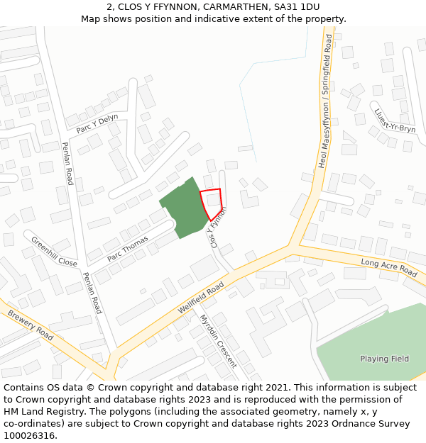 2, CLOS Y FFYNNON, CARMARTHEN, SA31 1DU: Location map and indicative extent of plot