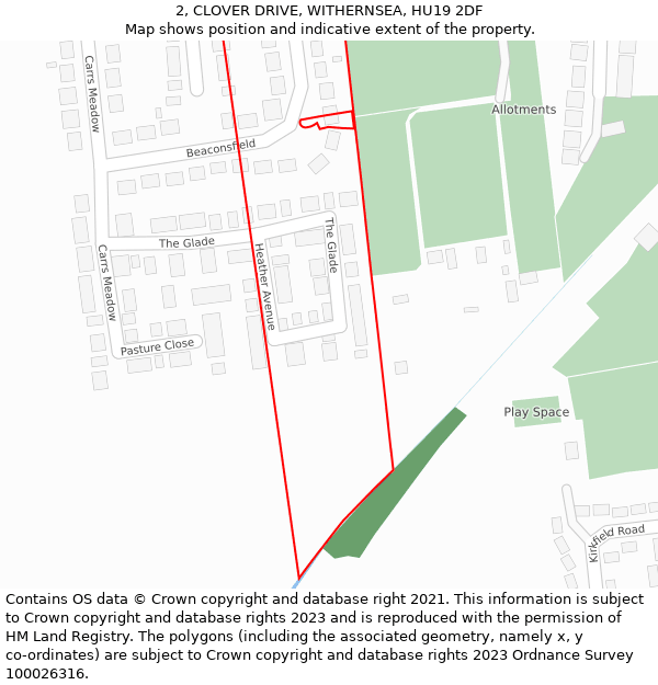 2, CLOVER DRIVE, WITHERNSEA, HU19 2DF: Location map and indicative extent of plot