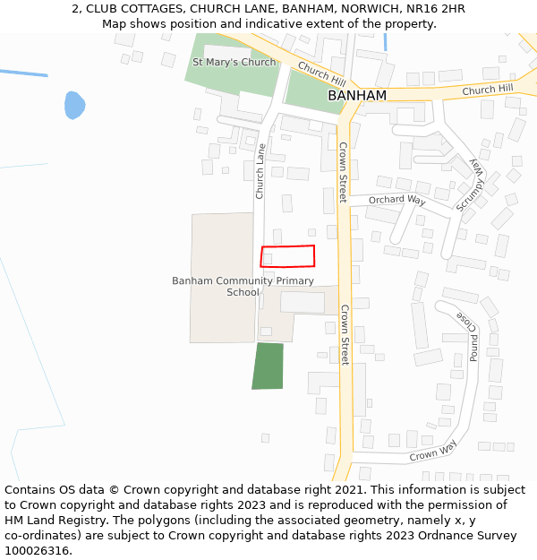 2, CLUB COTTAGES, CHURCH LANE, BANHAM, NORWICH, NR16 2HR: Location map and indicative extent of plot