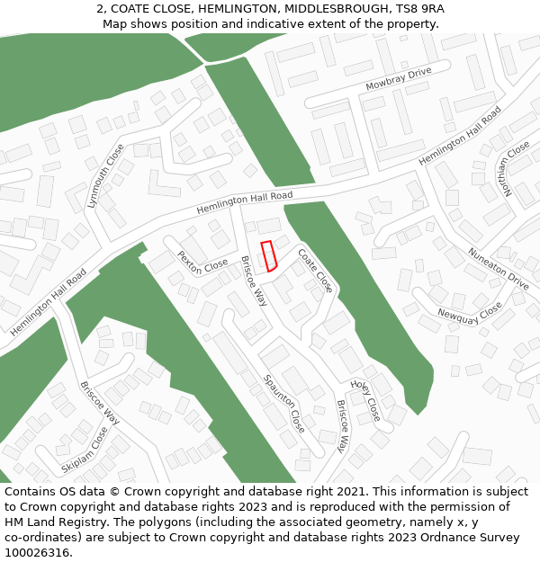 2, COATE CLOSE, HEMLINGTON, MIDDLESBROUGH, TS8 9RA: Location map and indicative extent of plot