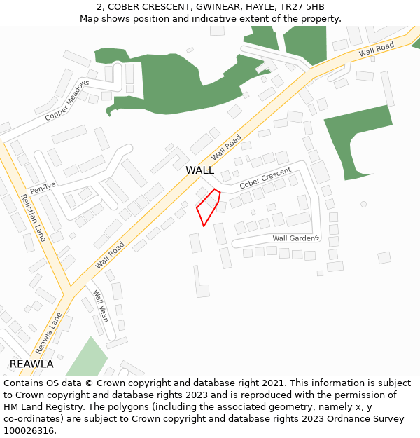 2, COBER CRESCENT, GWINEAR, HAYLE, TR27 5HB: Location map and indicative extent of plot