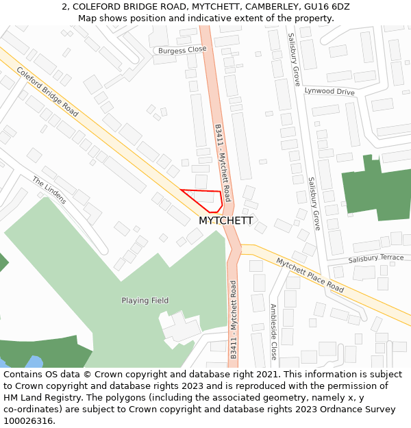 2, COLEFORD BRIDGE ROAD, MYTCHETT, CAMBERLEY, GU16 6DZ: Location map and indicative extent of plot