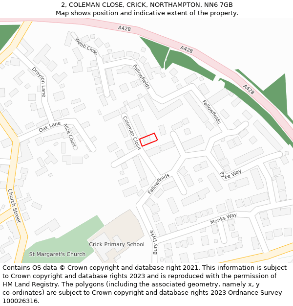 2, COLEMAN CLOSE, CRICK, NORTHAMPTON, NN6 7GB: Location map and indicative extent of plot