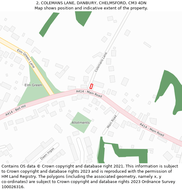 2, COLEMANS LANE, DANBURY, CHELMSFORD, CM3 4DN: Location map and indicative extent of plot