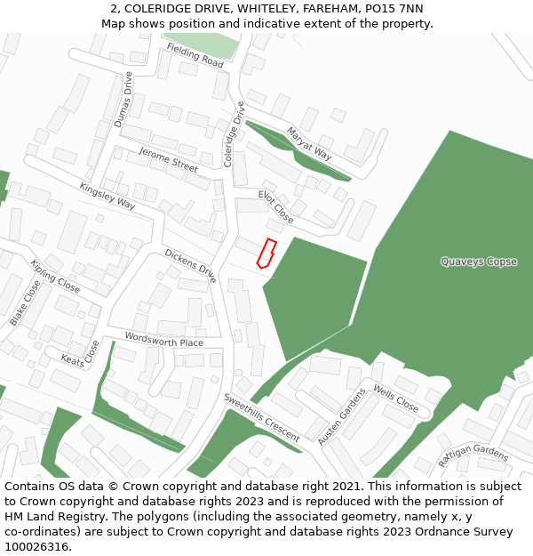 2, COLERIDGE DRIVE, WHITELEY, FAREHAM, PO15 7NN: Location map and indicative extent of plot