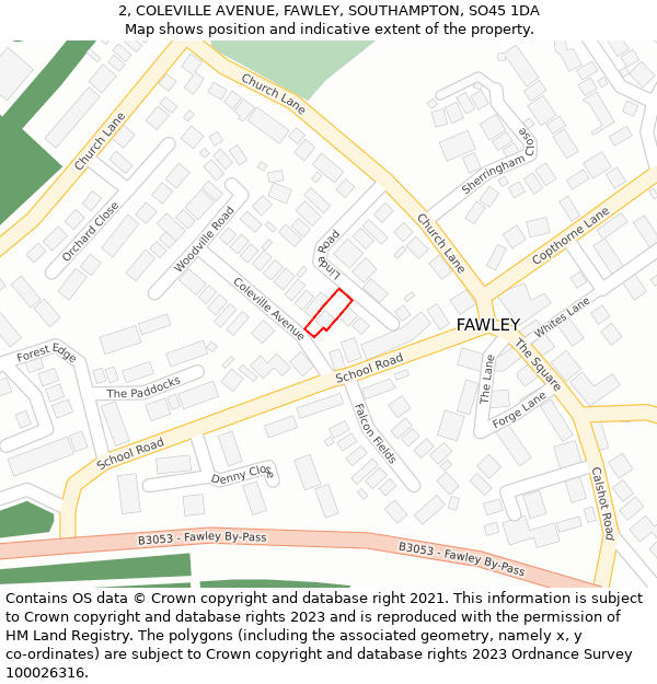 2, COLEVILLE AVENUE, FAWLEY, SOUTHAMPTON, SO45 1DA: Location map and indicative extent of plot