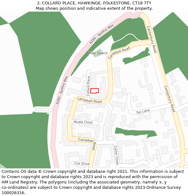2, COLLARD PLACE, HAWKINGE, FOLKESTONE, CT18 7TY: Location map and indicative extent of plot
