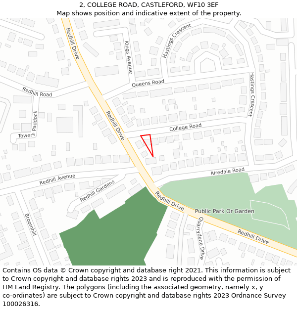 2, COLLEGE ROAD, CASTLEFORD, WF10 3EF: Location map and indicative extent of plot