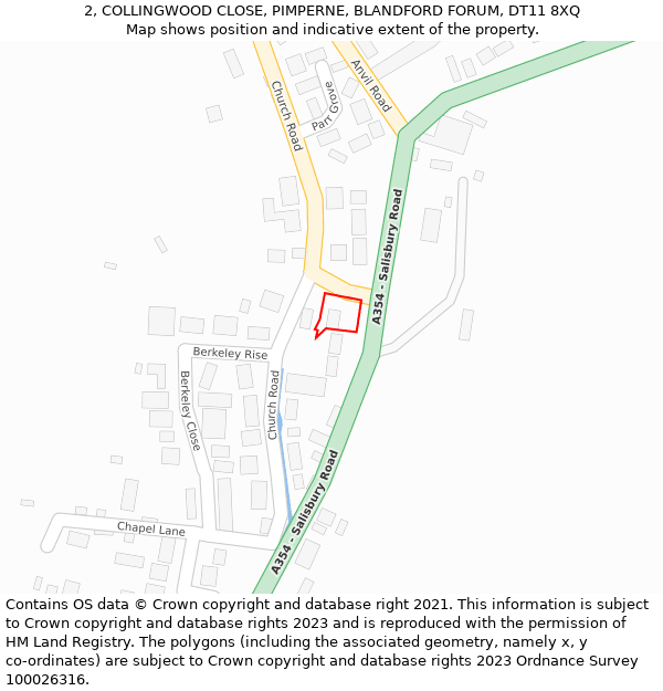 2, COLLINGWOOD CLOSE, PIMPERNE, BLANDFORD FORUM, DT11 8XQ: Location map and indicative extent of plot