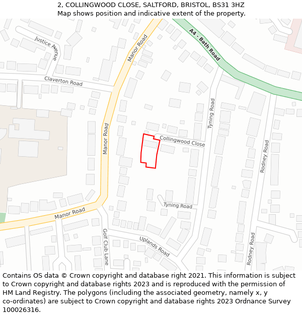 2, COLLINGWOOD CLOSE, SALTFORD, BRISTOL, BS31 3HZ: Location map and indicative extent of plot