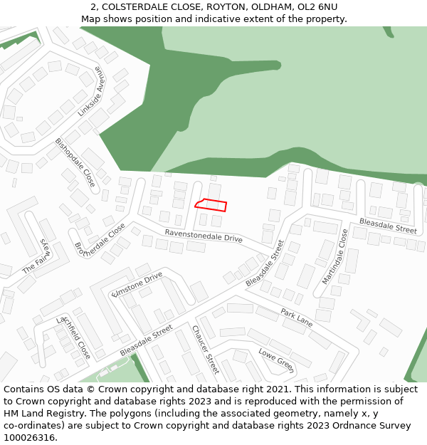 2, COLSTERDALE CLOSE, ROYTON, OLDHAM, OL2 6NU: Location map and indicative extent of plot