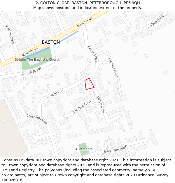 2, COLTON CLOSE, BASTON, PETERBOROUGH, PE6 9QH: Location map and indicative extent of plot