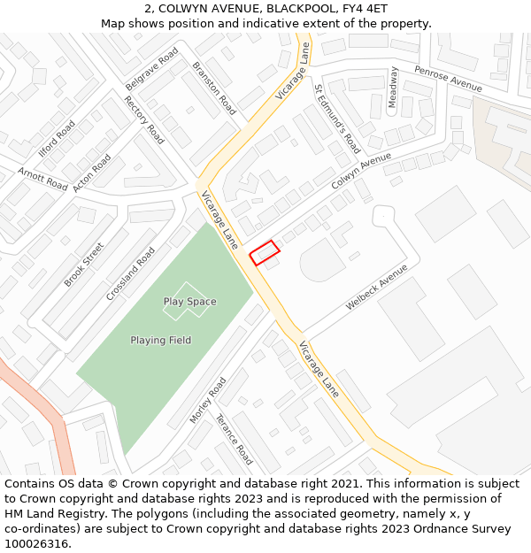 2, COLWYN AVENUE, BLACKPOOL, FY4 4ET: Location map and indicative extent of plot