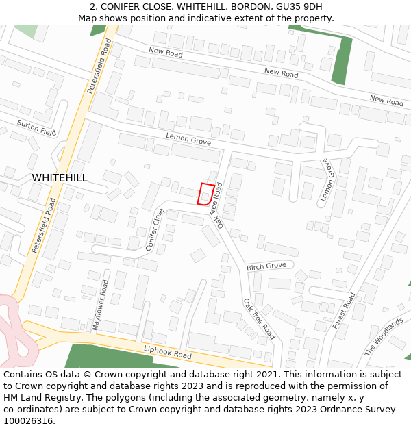 2, CONIFER CLOSE, WHITEHILL, BORDON, GU35 9DH: Location map and indicative extent of plot