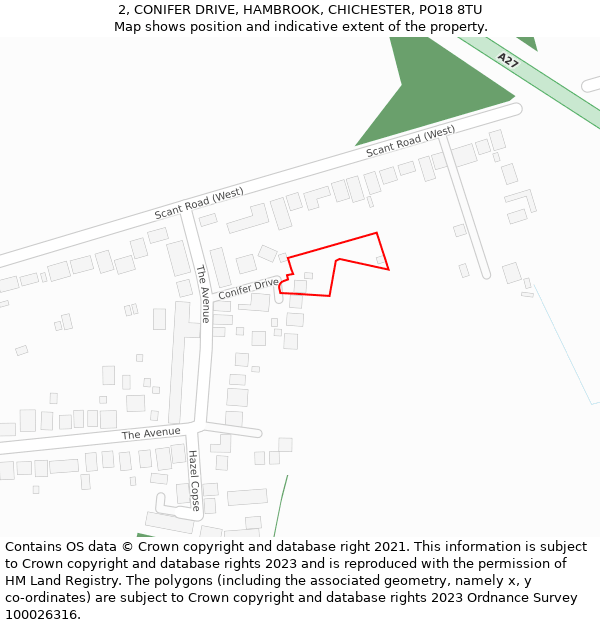 2, CONIFER DRIVE, HAMBROOK, CHICHESTER, PO18 8TU: Location map and indicative extent of plot