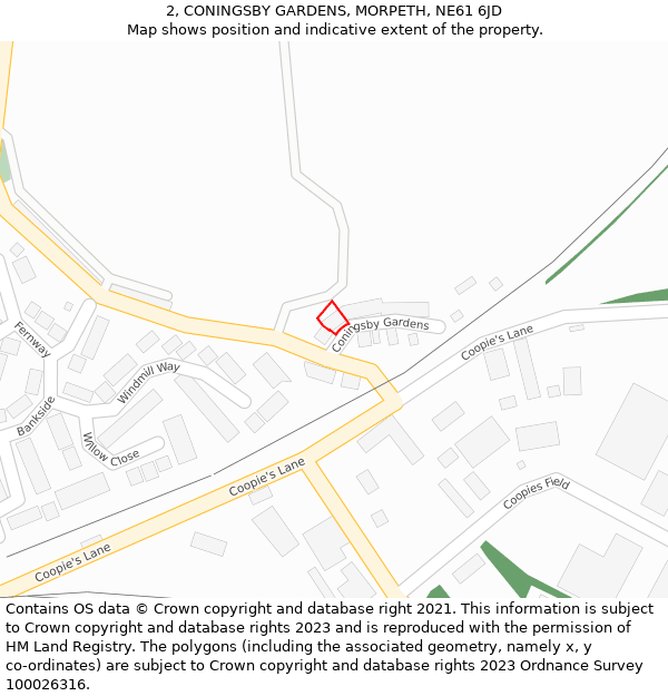 2, CONINGSBY GARDENS, MORPETH, NE61 6JD: Location map and indicative extent of plot
