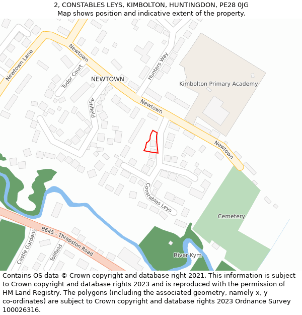 2, CONSTABLES LEYS, KIMBOLTON, HUNTINGDON, PE28 0JG: Location map and indicative extent of plot