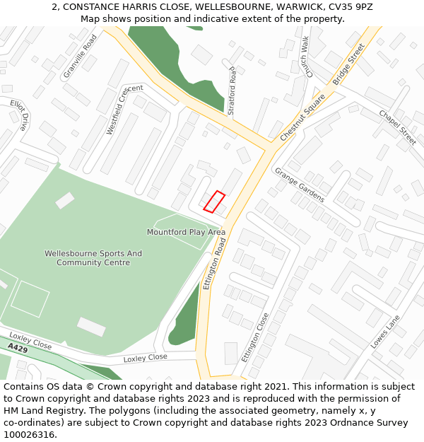 2, CONSTANCE HARRIS CLOSE, WELLESBOURNE, WARWICK, CV35 9PZ: Location map and indicative extent of plot