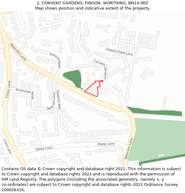 2, CONVENT GARDENS, FINDON, WORTHING, BN14 0RZ: Location map and indicative extent of plot