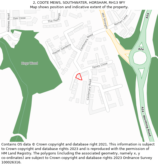 2, COOTE MEWS, SOUTHWATER, HORSHAM, RH13 9FY: Location map and indicative extent of plot