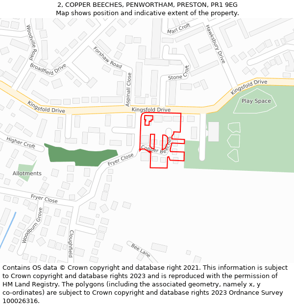 2, COPPER BEECHES, PENWORTHAM, PRESTON, PR1 9EG: Location map and indicative extent of plot