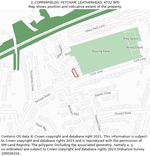 2, COPPERFIELDS, FETCHAM, LEATHERHEAD, KT22 9PD: Location map and indicative extent of plot