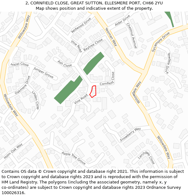 2, CORNFIELD CLOSE, GREAT SUTTON, ELLESMERE PORT, CH66 2YU: Location map and indicative extent of plot