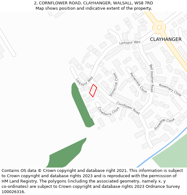 2, CORNFLOWER ROAD, CLAYHANGER, WALSALL, WS8 7RD: Location map and indicative extent of plot