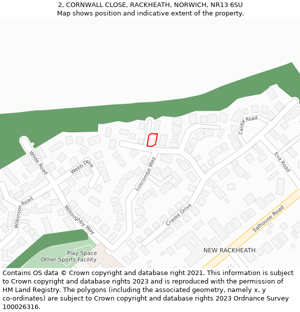 2, CORNWALL CLOSE, RACKHEATH, NORWICH, NR13 6SU: Location map and indicative extent of plot