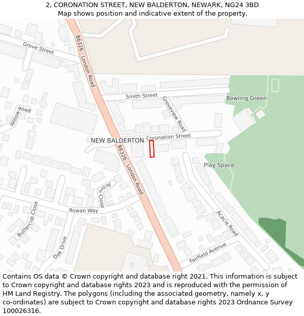 2, CORONATION STREET, NEW BALDERTON, NEWARK, NG24 3BD: Location map and indicative extent of plot