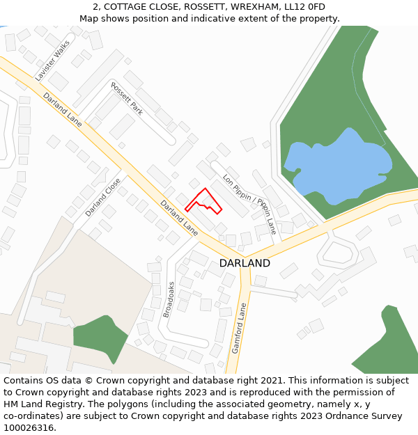 2, COTTAGE CLOSE, ROSSETT, WREXHAM, LL12 0FD: Location map and indicative extent of plot