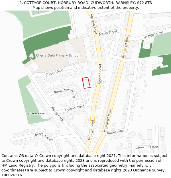 2, COTTAGE COURT, HORBURY ROAD, CUDWORTH, BARNSLEY, S72 8TS: Location map and indicative extent of plot