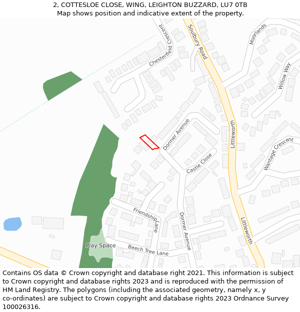 2, COTTESLOE CLOSE, WING, LEIGHTON BUZZARD, LU7 0TB: Location map and indicative extent of plot