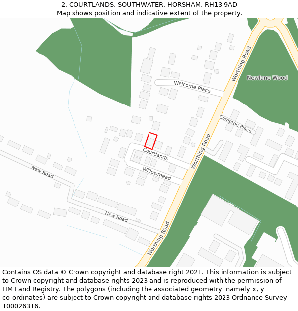 2, COURTLANDS, SOUTHWATER, HORSHAM, RH13 9AD: Location map and indicative extent of plot