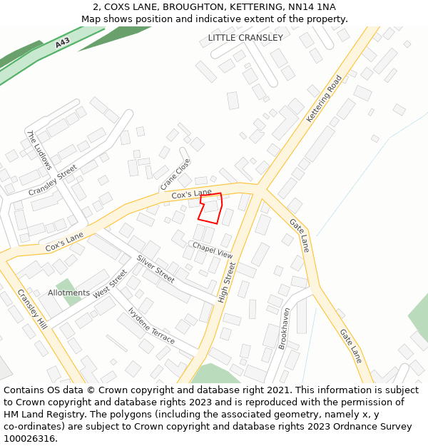 2, COXS LANE, BROUGHTON, KETTERING, NN14 1NA: Location map and indicative extent of plot