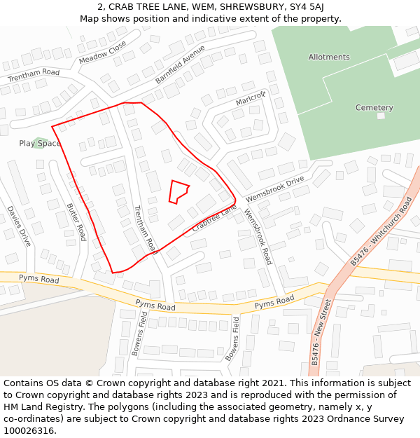 2, CRAB TREE LANE, WEM, SHREWSBURY, SY4 5AJ: Location map and indicative extent of plot