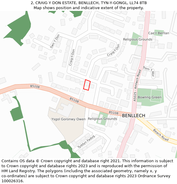 2, CRAIG Y DON ESTATE, BENLLECH, TYN-Y-GONGL, LL74 8TB: Location map and indicative extent of plot