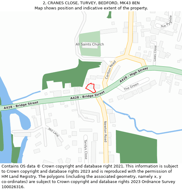 2, CRANES CLOSE, TURVEY, BEDFORD, MK43 8EN: Location map and indicative extent of plot