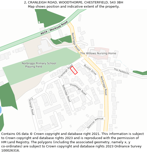 2, CRANLEIGH ROAD, WOODTHORPE, CHESTERFIELD, S43 3BH: Location map and indicative extent of plot