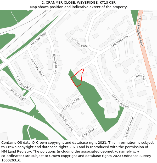 2, CRANMER CLOSE, WEYBRIDGE, KT13 0SR: Location map and indicative extent of plot