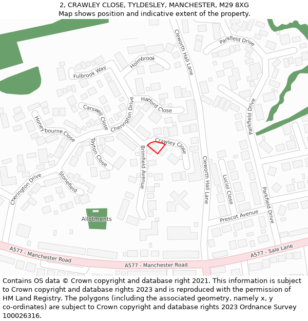 2, CRAWLEY CLOSE, TYLDESLEY, MANCHESTER, M29 8XG: Location map and indicative extent of plot