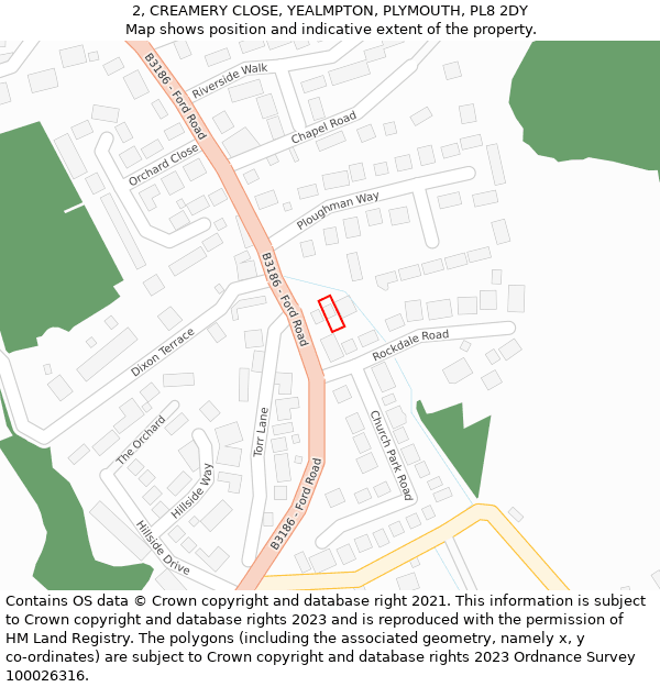 2, CREAMERY CLOSE, YEALMPTON, PLYMOUTH, PL8 2DY: Location map and indicative extent of plot