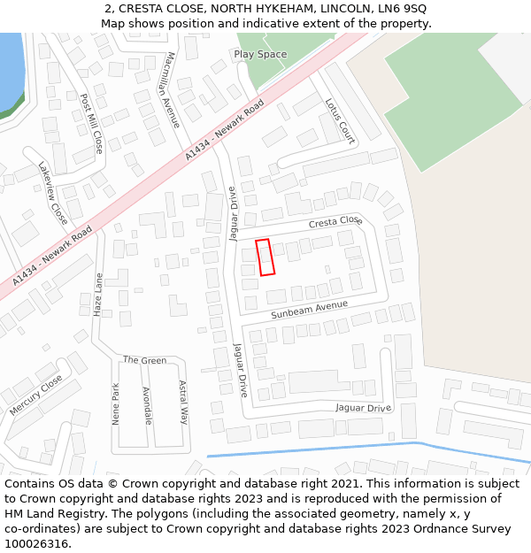 2, CRESTA CLOSE, NORTH HYKEHAM, LINCOLN, LN6 9SQ: Location map and indicative extent of plot