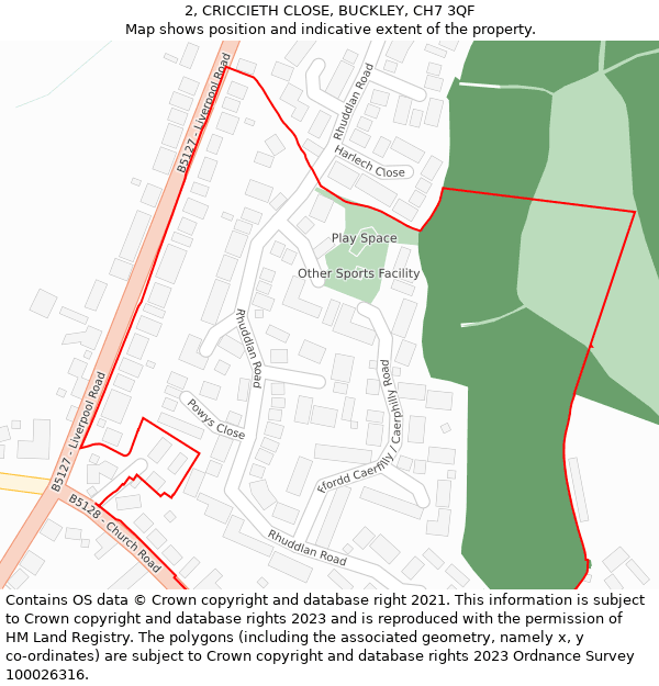 2, CRICCIETH CLOSE, BUCKLEY, CH7 3QF: Location map and indicative extent of plot